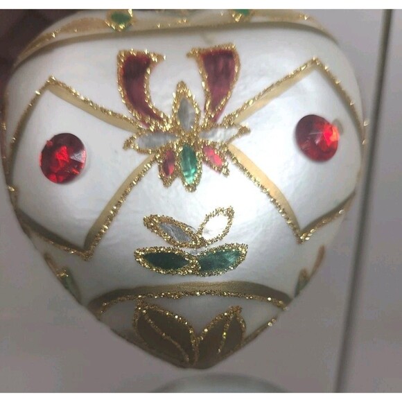 Vintage Christmas Ornament Glass Heart White W/ Gold/Red/Green - Picture 4 of 6